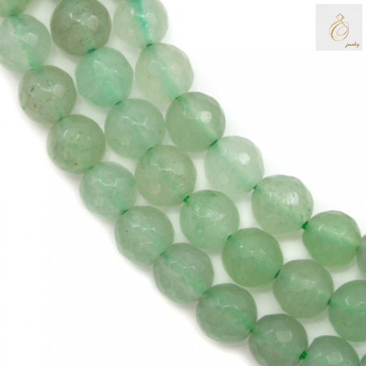Green aventurine faceted round beads 10mm strand showing natural stone texture and brilliant cut facets