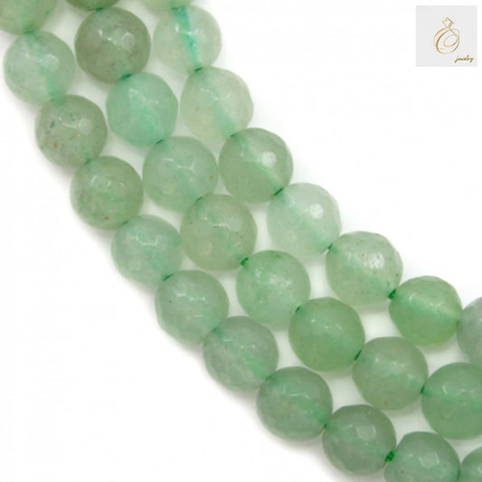 Green aventurine faceted round beads 8mm on strand showing natural gemstone color and brilliant faceted cut