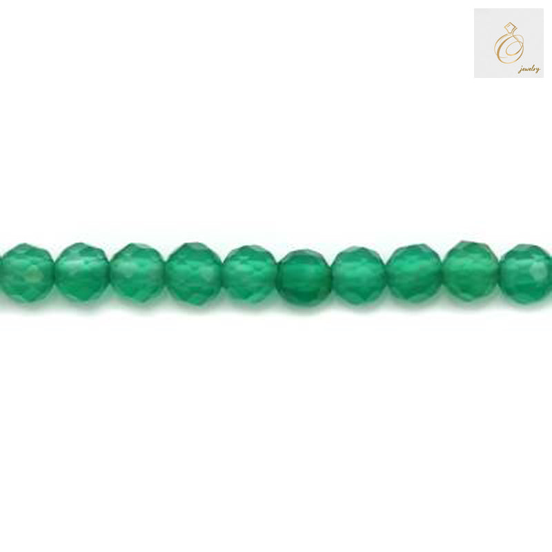 Green agate beads strand showing faceted round shape and natural color variations