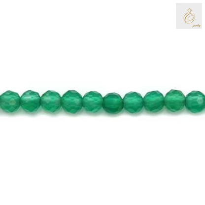 Green agate beads strand showing faceted round shape and natural color variations