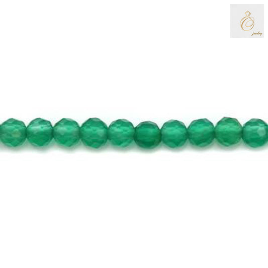 Green agate beads strand showing faceted round shape and natural color variations