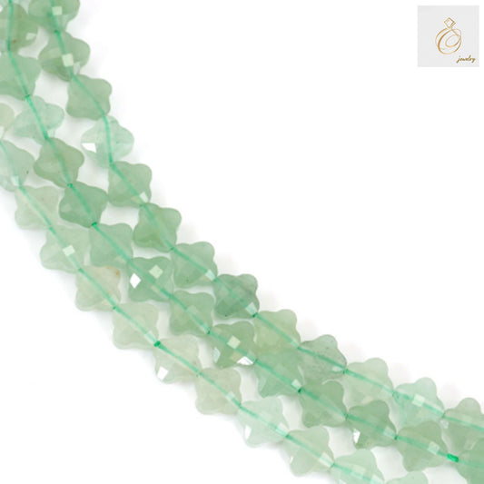 Green aventurine faceted clover beads 10mm on 39-40cm strand, showing natural gemstone texture and four-leaf clover shape