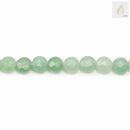 Green aventurine gemstone beads 6mm flat round shape - full strand display showing consistent size and quality