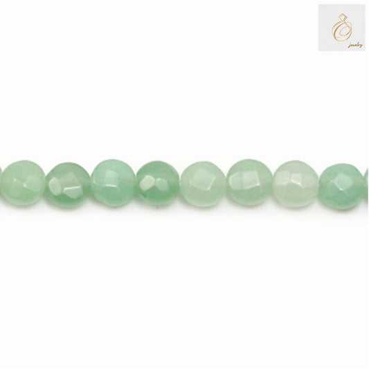 Green aventurine gemstone beads 6mm flat round shape - full strand display showing consistent size and quality