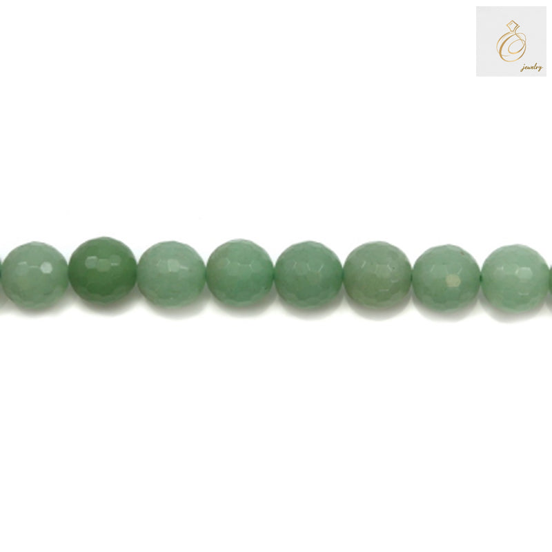 Close-up view of Green Aventurine 12mm faceted round beads showing natural stone texture and sparkle