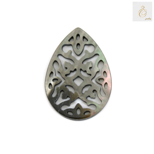 Grey mother-of-pearl shell charm in hollow teardrop shape, 18x25mm size, showing natural iridescent finish