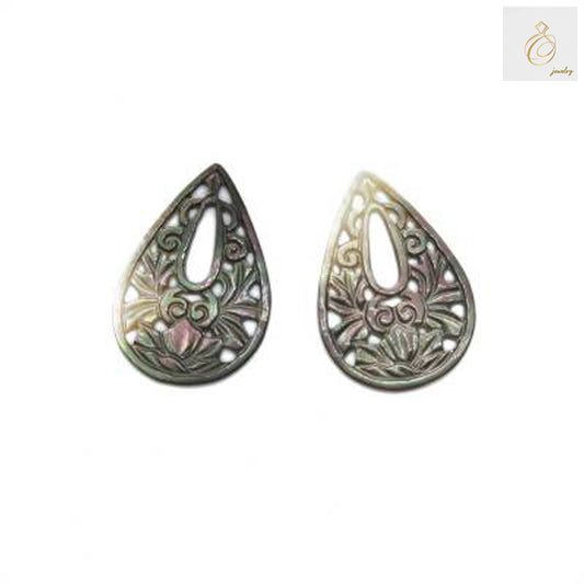 Grey mother-of-pearl shell charm with hollow teardrop design, 26x38mm size, showing natural iridescent surface texture