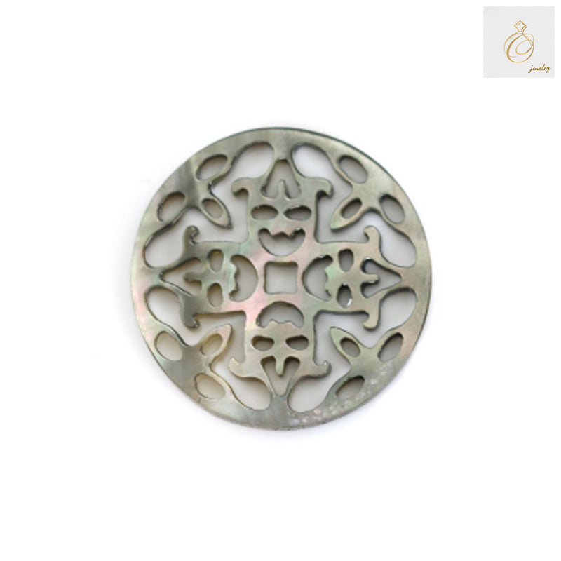 Grey mother-of-pearl shell charm with openwork hollow design, 18mm diameter, showing natural iridescent surface and elegant pattern