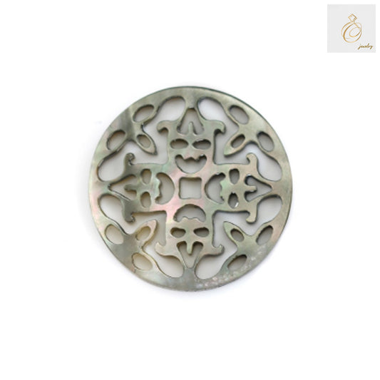 Grey mother-of-pearl shell charm with openwork hollow design, 18mm diameter, showing natural iridescent surface and elegant pattern
