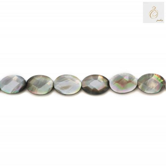 Grey mother of pearl shell beads strand, faceted oval shape, 10x14mm size with 0.8mm holes, approximately 27 beads per strand