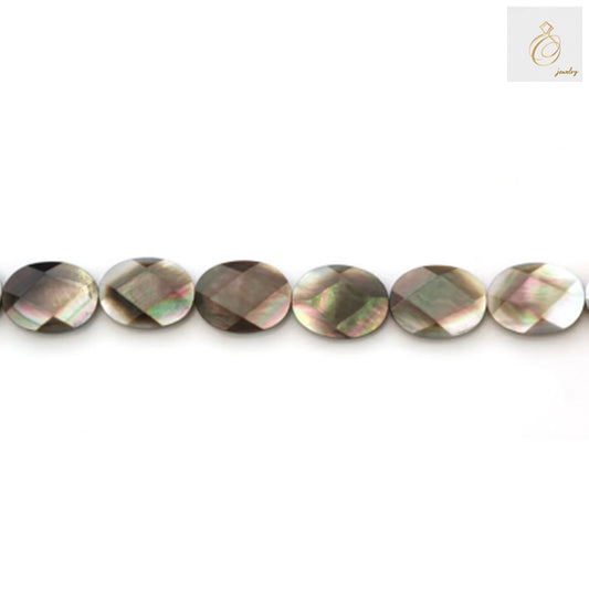 Grey mother of pearl shell beads strand showing faceted oval beads 12x16mm size with natural luster
