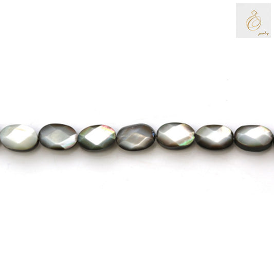 Grey mother of pearl shell beads strand showing faceted oval beads 6x9mm size with natural lustrous finish