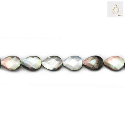 Grey mother of pearl shell beads strand with faceted teardrop shape, 13x18mm size, showing natural iridescent luster and elegant grey coloring, perfect for jewelry making