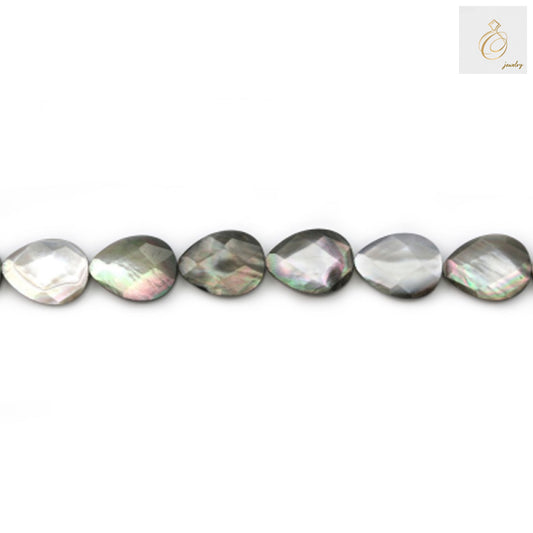 Grey mother of pearl shell beads strand with faceted teardrop shape, 15x20mm size, showing lustrous pearl finish and natural grey coloring for jewelry making