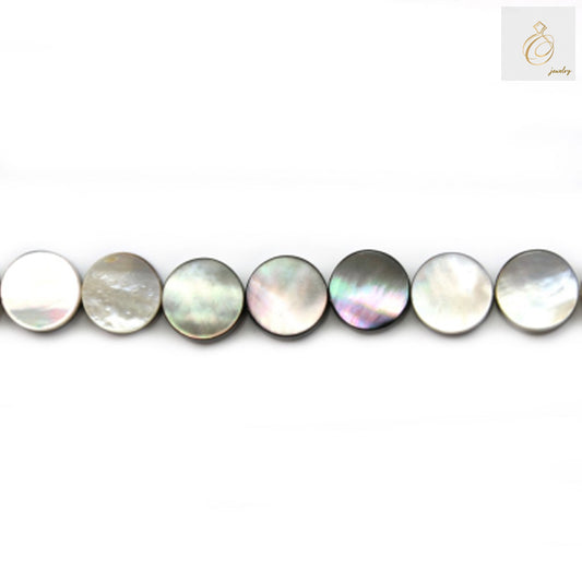 Grey mother of pearl shell beads strand showing flat round 10mm beads with natural lustrous finish