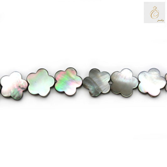 Grey mother of pearl shell beads in flower shape, 15x15mm size with 0.8mm holes, arranged on strand showing natural luster and elegant design