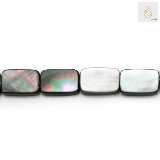 Grey mother of pearl shell beads in rectangle shape, 8x12mm size, arranged in a strand showing natural shimmer and elegant finish