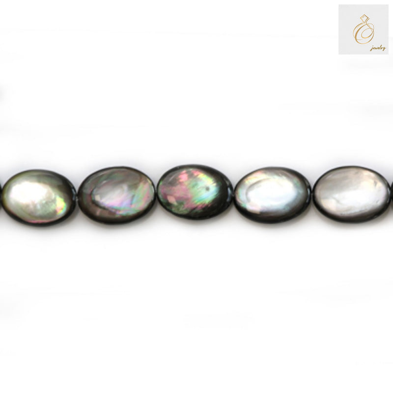 Grey mother of pearl shell beads strand, flat oval shape 15x20mm, jewelry making supplies
