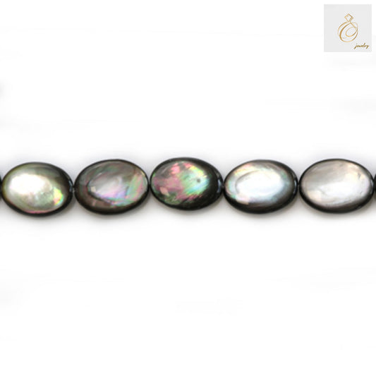 Grey mother of pearl shell beads strand, flat oval shape 15x20mm, jewelry making supplies