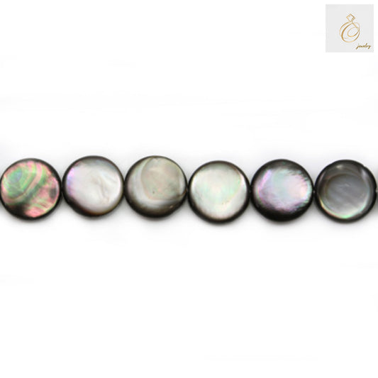 Grey mother of pearl shell beads strand, 15mm flat round beads with natural iridescent finish, approximately 25 beads per strand for jewelry making