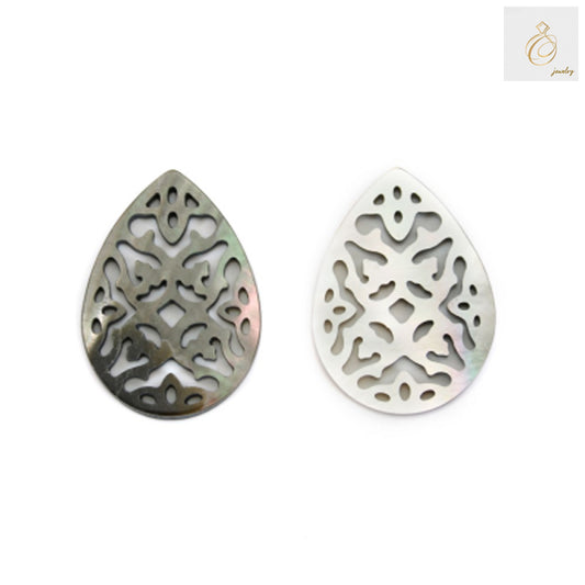 Close-up view of grey mother-of-pearl shell charm teardrop pendant, displaying lustrous surface texture and hollow design