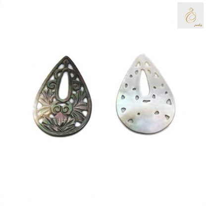 Close-up view of grey mother-of-pearl teardrop shell charm displaying lustrous finish and hollow construction for jewelry making