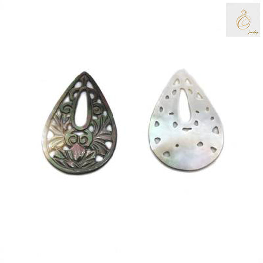 Close-up view of grey mother-of-pearl teardrop shell charm displaying lustrous finish and hollow construction for jewelry making