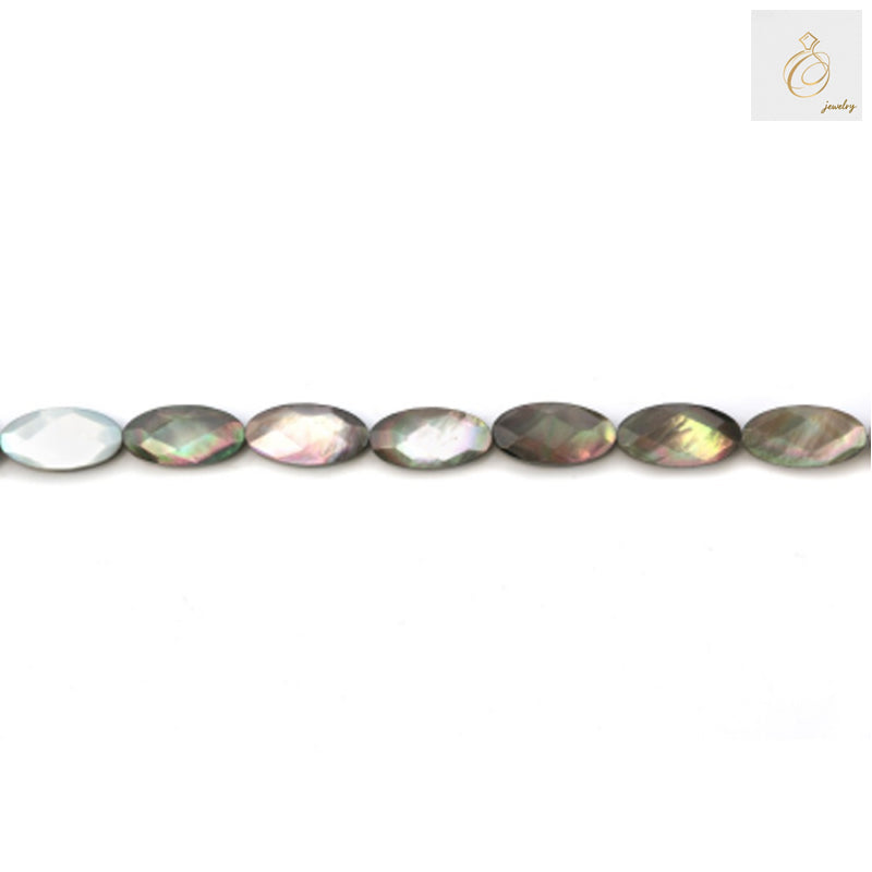 Grey mother of pearl shell beads, faceted oval shape, 8x16mm size with 0.8mm holes, arranged on white background showing lustrous grey finish
