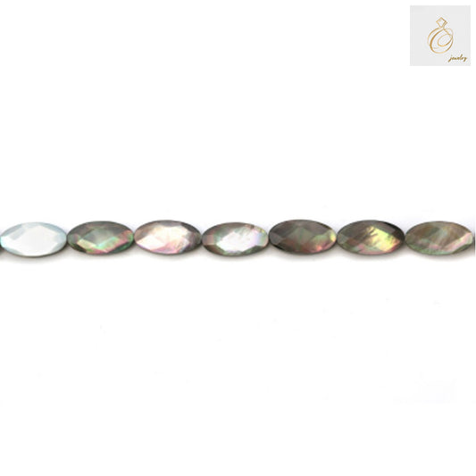 Grey mother of pearl shell beads, faceted oval shape, 8x16mm size with 0.8mm holes, arranged on white background showing lustrous grey finish