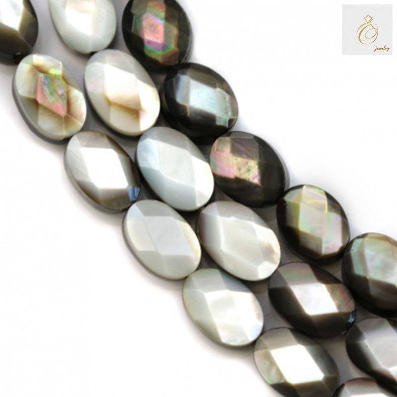 Close-up view of grey mother of pearl shell beads displaying faceted surface texture and 0.8mm hole size for jewelry making