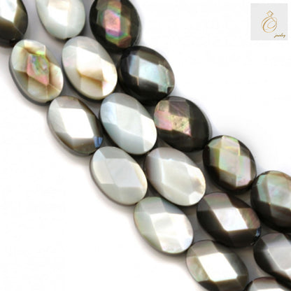 Close-up view of grey mother of pearl shell beads displaying faceted surface texture and 0.8mm hole size for jewelry making