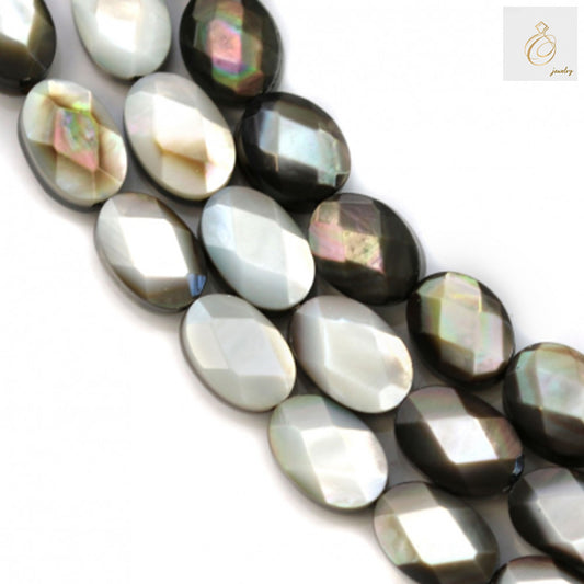 Close-up view of grey mother of pearl shell beads displaying faceted surface texture and 0.8mm hole size for jewelry making