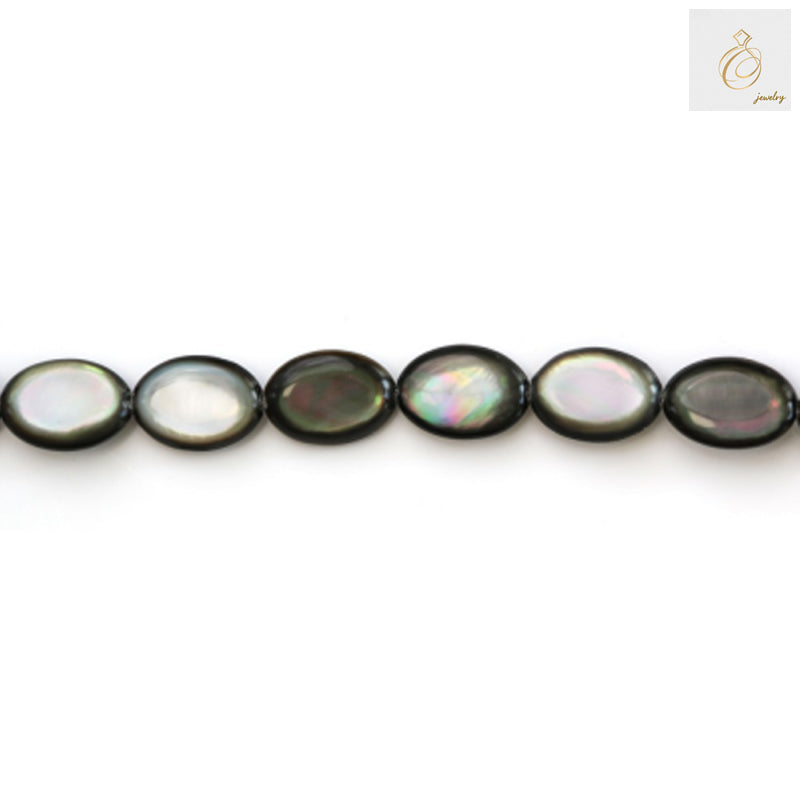 Grey mother of pearl shell beads strand showing flat oval beads 10x14mm size with natural grey finish and lustrous surface
