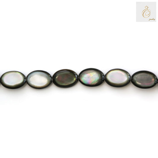 Grey mother of pearl shell beads strand showing flat oval beads 10x14mm size with natural grey finish and lustrous surface