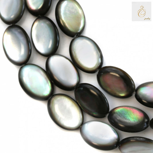 Close-up view of grey mother of pearl shell beads strand with 0.8mm holes, approximately 25 beads