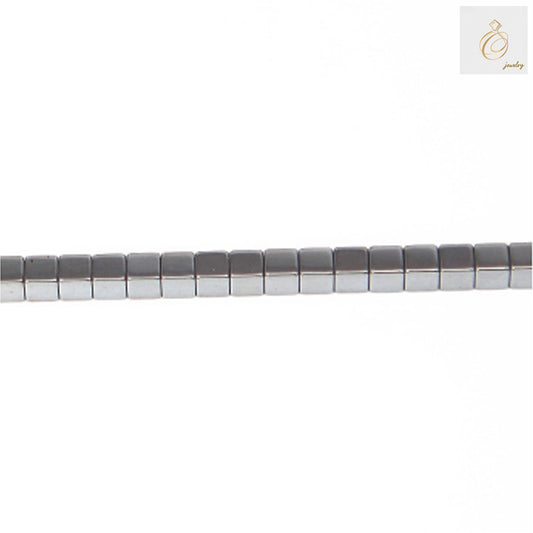 Natural hematite cube beads 3mm with metallic luster arranged on strand, showing uniform square shape and dark gray color perfect for jewelry making