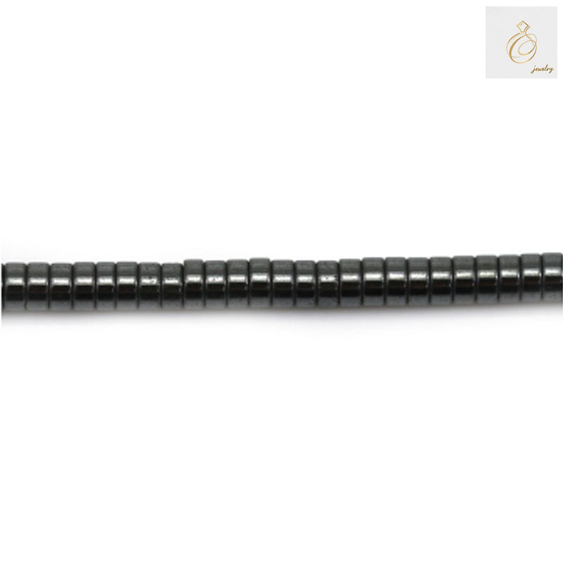 Natural hematite heishi beads 2x1mm with metallic luster, arranged on strand showing consistent disc shape and dark gray color, perfect for jewelry making
