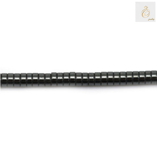 Natural hematite heishi beads 2x1mm with metallic luster, arranged on strand showing consistent disc shape and dark gray color, perfect for jewelry making