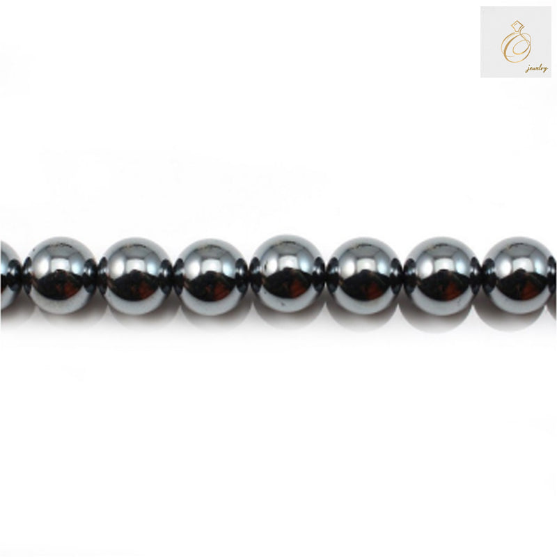Natural hematite round beads, 12mm diameter with metallic luster, arranged on strand for jewelry making