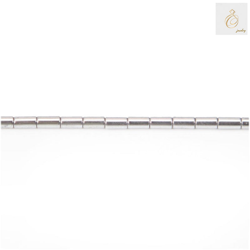 Hematite silver cylinder beads 2x4mm with metallic finish, showing lustrous surface and uniform cylindrical shape, perfect for jewelry making