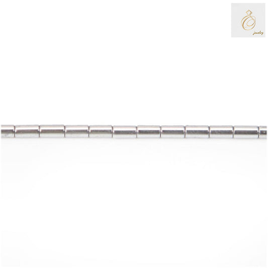 Hematite silver cylinder beads 2x4mm with metallic finish, showing lustrous surface and uniform cylindrical shape, perfect for jewelry making