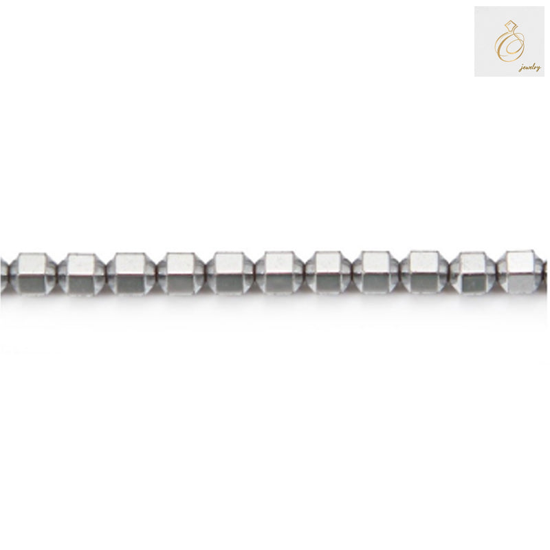 Hematite silver cylinder beads 4mm diameter with metallic finish arranged on strand, jewelry making supplies
