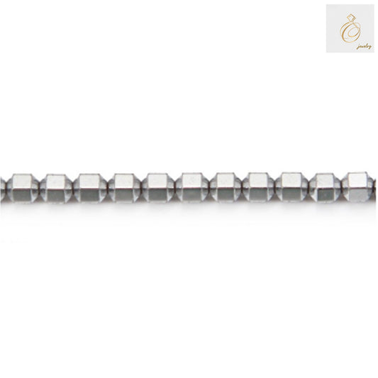 Hematite silver cylinder beads 4mm diameter with metallic finish arranged on strand, jewelry making supplies