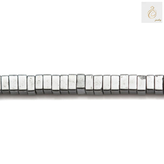 Hematite silver square beads 1x2mm arranged in a strand, showing metallic finish and uniform square shape