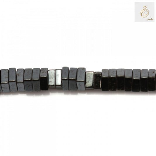 Hematite square beads 1x2mm size showing natural metallic luster and geometric shape