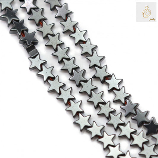 Close-up view of 4mm hematite star beads displaying smooth polished surface and consistent star shape for jewelry making
