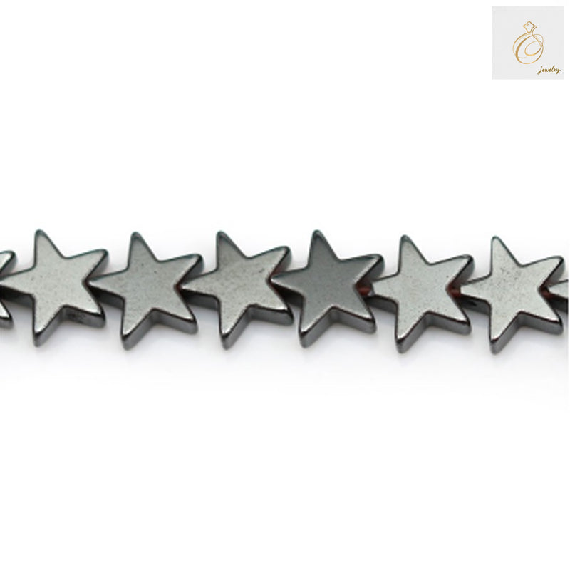 Natural hematite star-shaped beads, 8mm diameter with metallic luster, arranged on 39-40cm strand for jewelry making