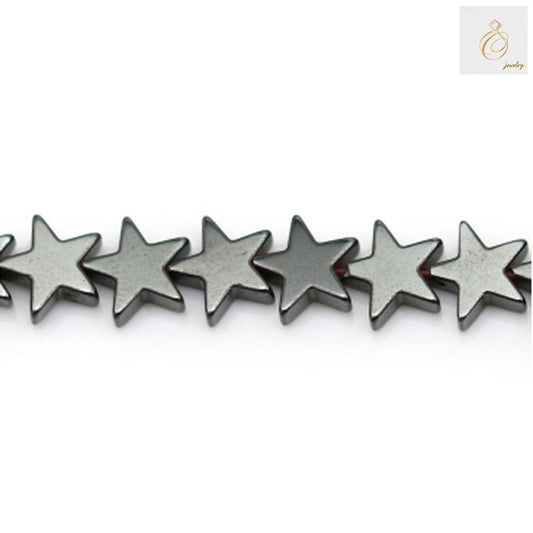 Natural hematite star-shaped beads, 8mm diameter with metallic luster, arranged on 39-40cm strand for jewelry making