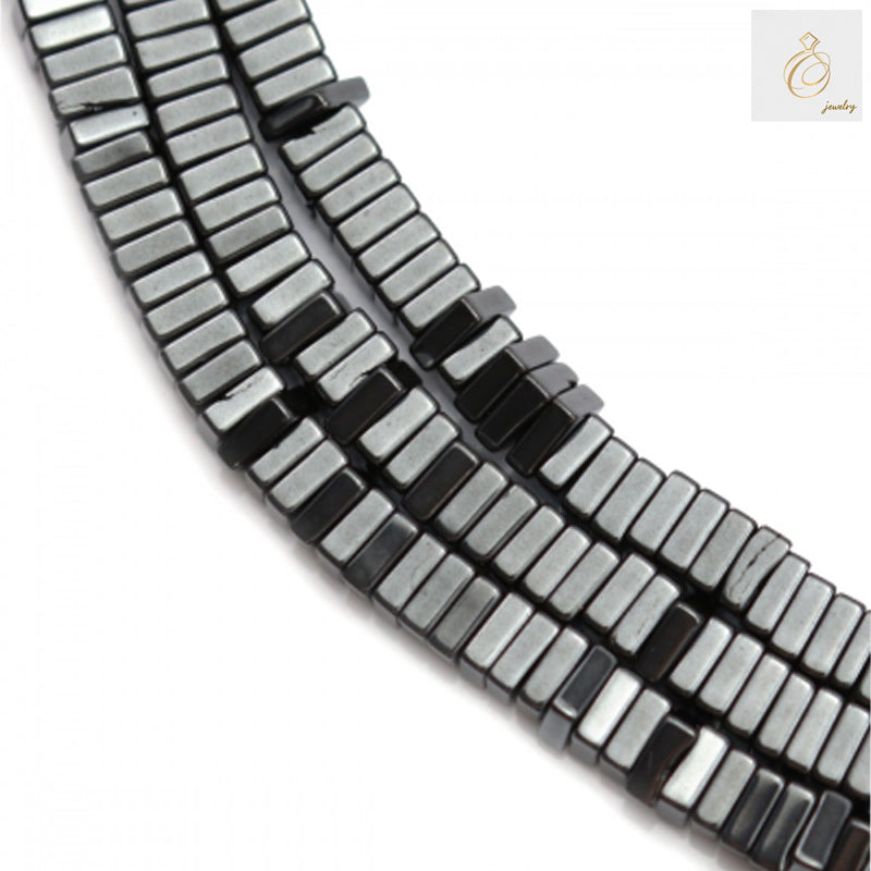 Close-up view of hematite square beads strand showing detailed texture and consistent 1x3mm sizing for jewelry making