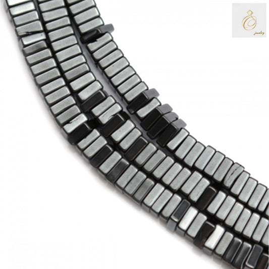 Close-up view of hematite square beads strand showing detailed texture and consistent 1x3mm sizing for jewelry making
